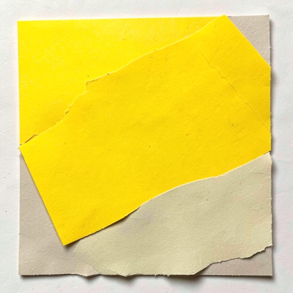 Collage en papier découpé de silhouettes de joueurs de roller hockey en bleu et jaune sur fond sombre, ambiance sportive et dynamique